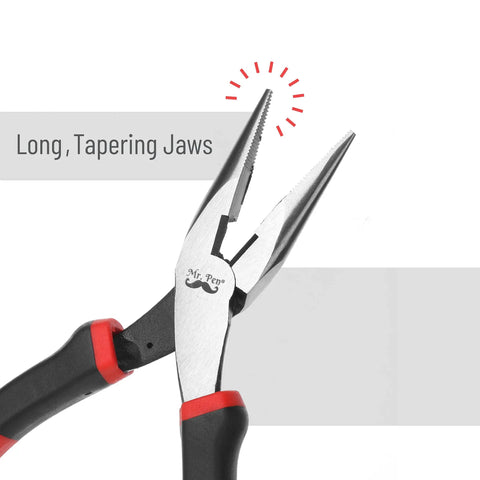 Pro Level Needle Nose Pliers Built Like A Tank With Tempered Steel Jaws For Tight Squeeze Tasks, showing long tapering jaws and red rubber grip.