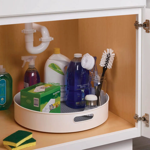 18 Inch Lazy Susan Rotating Turntable Featuring Super Grippy Non Skid Base Spins Smooth in cabinet with cleaners and brushes