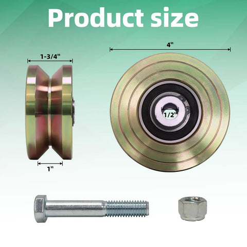 Extra Heavy Duty 4 Inch V Groove Slide Wheels For Sliding Gates, showing dimensions, sealed ball bearing, and included mounting hardware.