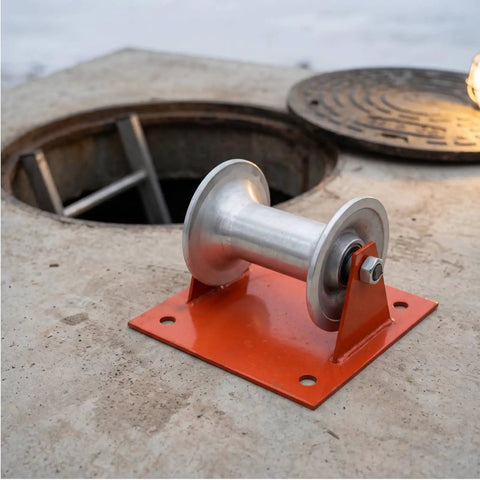 Heavy Duty Cable Guide Wheel With Ground Mount Steel Support Bracket And Slick Aluminum Pulley Roller on concrete surface.