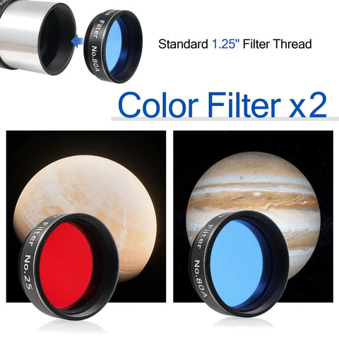 Complete Telescope Eyepiece Set For Beginners With 6mm Plossl And 15mm Kellner Eyepieces color filters shown with planets