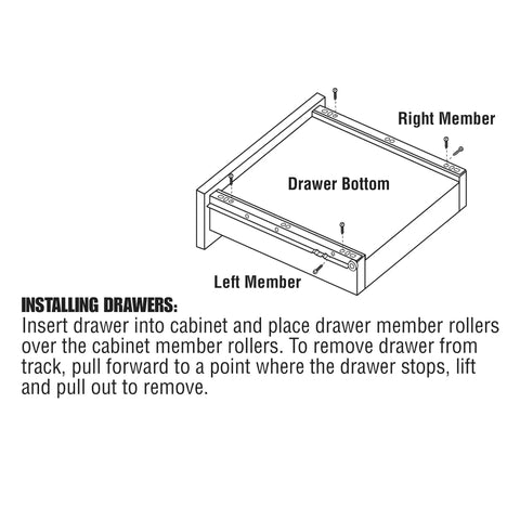Diagram illustrating installation of Self Closing Drawer Slide Kit Soft Close For Bottom And Side Mount Cabinets Fifteen Three Quarters Inch Steel Tracks