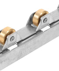 Heavy Duty Sliding Door Window Pulley Wheel With Double Bearing Track Guide Roller, close-up of metal frame with brass wheels.