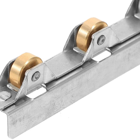 Heavy Duty Sliding Door Window Pulley Wheel With Double Bearing Track Guide Roller, close-up of metal frame with brass wheels.