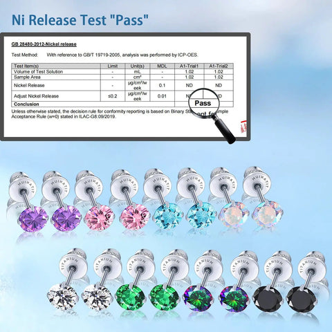 Top Shelf Implant Grade Titanium Screw Back Earrings in various colors with pass Ni release test results.