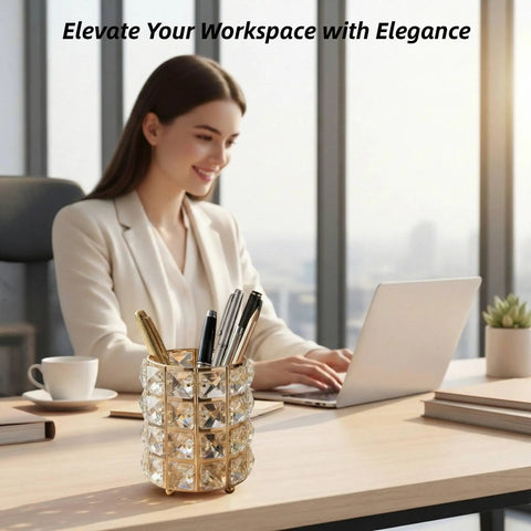 Crystal Pen Holder For Desk With Gold And Silver Metal Base on modern desk with woman working on laptop in bright office