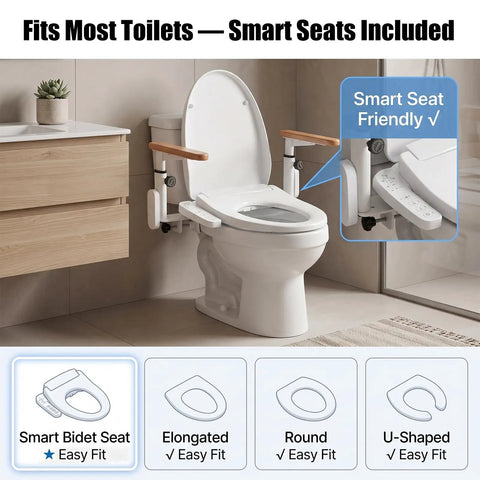 Top Shelf Heavy Duty Adjustable Toilet Safety Rails Built Tough With Rock Solid Steel Frame for Seniors in a bathroom setting.