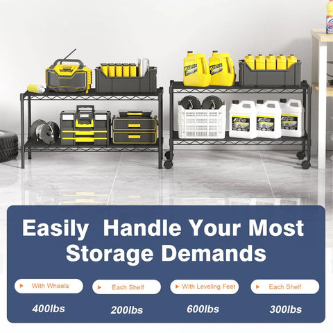 Two Tier Wire Shelving Unit, Adjustable Heavy Duty Metal Storage Rack With Smooth Rolling Caster Wheels, Black Garage Organizer filled with tools and containers.