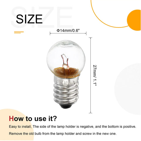 Heavy Duty E10 Miniature Bulbs With A Sweet Warm Yellow Glow And Secure Metal Screw Base displayed with size dimensions.