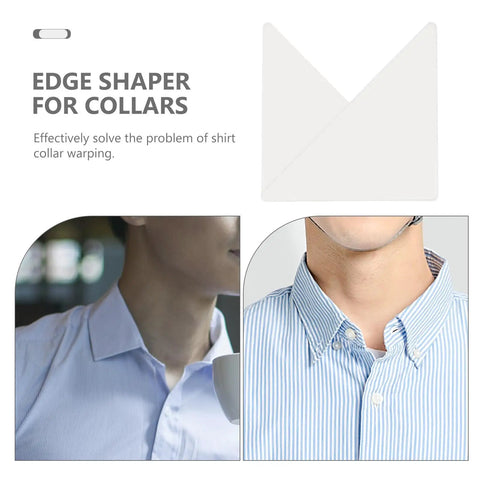 Durable Eighty Piece PVC Shirt Collar Stays Lock Down Sharp Looks On Dress Shirts Keeping Them Crisp Without Sagging Or Wrinkling During Daily Grind Hours, white edge shaper for collars shown next to model in button-down shirt.