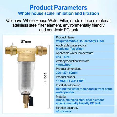 Whole House Spin Down Sediment Water Filter For City Or Well Water With Forty Micron Reusable And Flushable Prefilter No Nonsense Three Quarter Inch And One Inch Connections Lead Free Brass BPA Free, shown with dimensions and specifications.