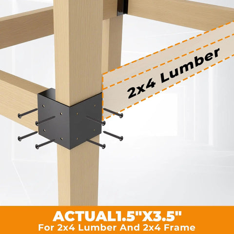 Heavy Duty Workbench Bracket Kit 12 Pc Three Way Right Angle Corner Braces For DIY Built To Last For Standard 2x4 Lumber Actual One And A Half By Three And A Half Inches Steel Frame Building Plates For Workbench Table Shelving Garage Storage showing the bracket installation on 2x4 lumber.