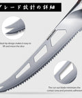 Five Inch Serrated Cheese Knife Crafted With Premium Steel Core And A Super Slick Hollow Blade For Butter Smooth Cuts That Slide Off Easy Plus A Gotta Have Fork Tip For Zero Mess Party Spread, highlighting dual-tip design and cut-out blade features.