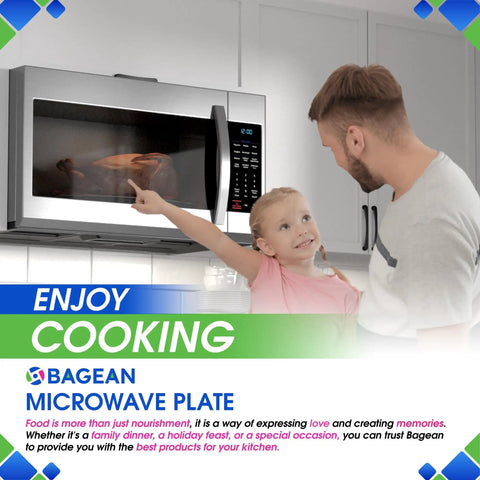 Father and daughter using microwave with 16 Inch Microwave Glass Turntable Replacement Plate Fits WB49X10189 GE Microwave For Even Reheating And Cooking, Super Durable, Easy To Install, No Slip Surface, Makes Your Oven Run Like New, Reliable Kitchen Upgrade.