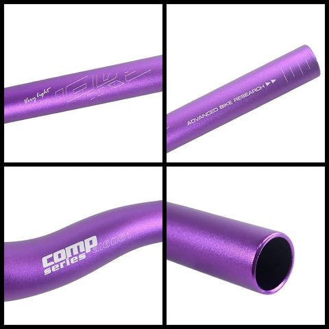 Close-up of purple MTB 31.8mm Riser Handlebar Extra Long 720mm or 780mm Aluminum Alloy Built For Downhill Trail Racing components.