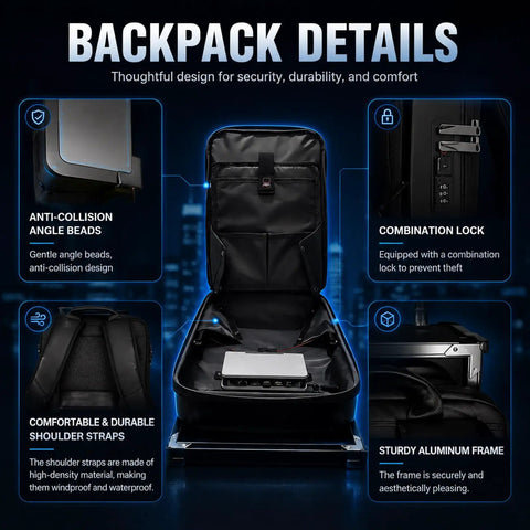 Turn Heads Smart Digital Billboard Backpack With 21.5 Inch Lcd Panel showing anti-collision beads, lock, straps, and frame.