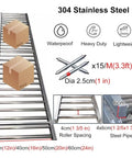 Super Heavy Duty Foldable Gravity Conveyor Roller Slides For Smooth Cargo Haulin And Warehouse Logistics 24 Inch Wide By 29.5 Foot Long 304 Stainless Steel showing rollers and boxes.
