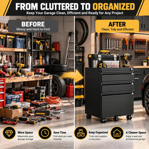 Rock Solid Heavy Duty Metal Rolling Tool Cabinet With Lockable Drawers And Non Slip Rolling Wheels for clean garage organizing.