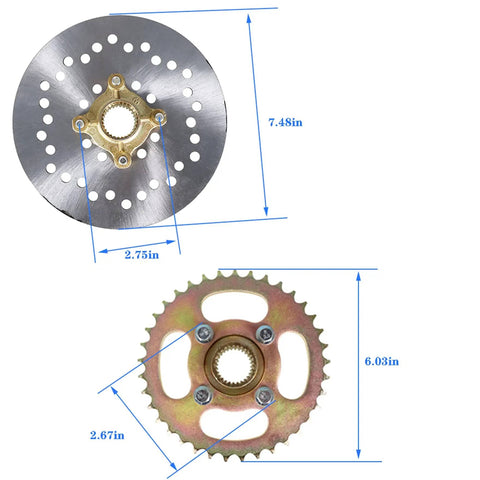 Components of the 32 Inch Go Kart ATV Rear Axle Assembly Kit with disc and sprocket dimensions for 6 to 10 wheels.