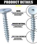 Pro Grade 1 1/4 Inch Cabinet Screws With T20 Square Drive showing self-tapping tip and rugged material details.