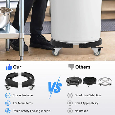 Heavy Duty Round Furniture Dolly With Adjustable 15 To 19 Inch Base And 4 Lockable Wheel Rollers 440 Pound Capacity Drum Moving Cart used for easy transport of a drum.