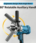 Cordless Drill And Cement Mixer With 2 Speed Torque Control Plus 180 Degree Swivel Handle showing ergonomic design and rotatable handle.