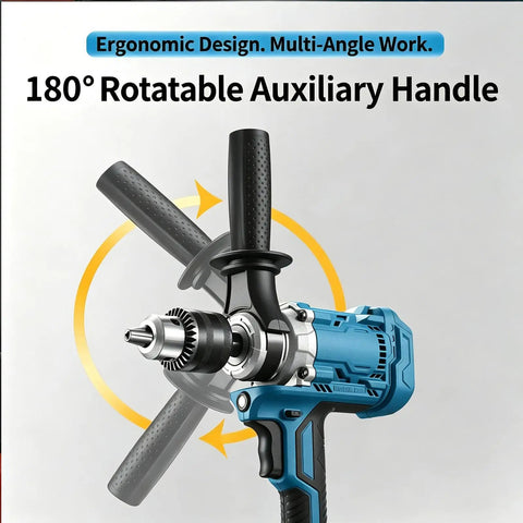 Cordless Drill And Cement Mixer With 2 Speed Torque Control Plus 180 Degree Swivel Handle showing ergonomic design and rotatable handle.
