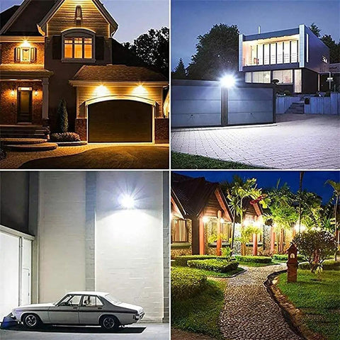Built Tough Solar Led Flood Light With Wireless Dimmable Remote And Ip66 Waterproof Housing illuminating a driveway and homes at night.