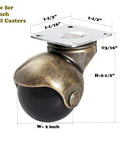 Smooth Vintage Antique Brass Swivel Casters With 2 Inch Ball Wheels For Furniture Refresh And DIY Coffee Table Project Heavy Duty Rolling Hardware set dimensions shown.