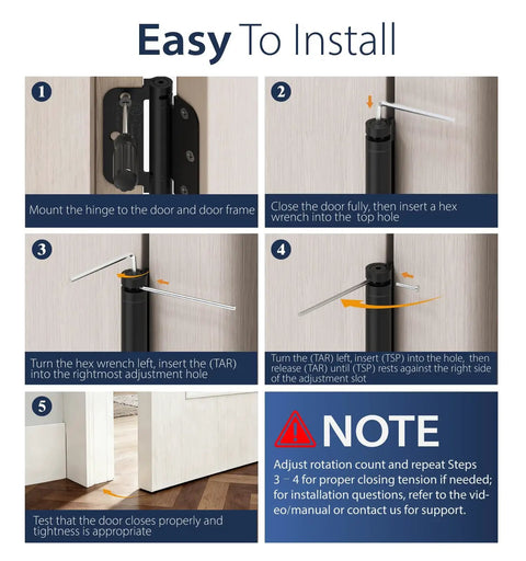 Easy installation guide for 3 Pack Built Tough Self Closing Door Hinges With Smooth Sweep And Five Eighths Radius Corners.