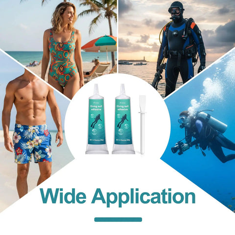 Heavy Duty Wetsuit Repair Glue And Waterproof Sealant For Dive Gear Upkeep shown with divers and swimwear.
