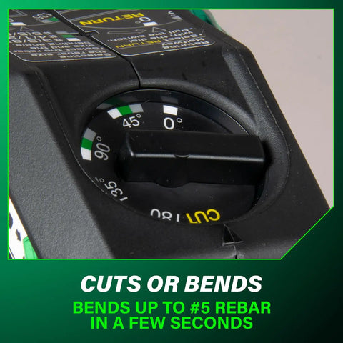 Close-up of dial on Badass Cordless Rebar Bender and Cutter for adjusting cuts and bends on #5 rebar.