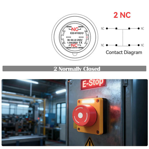 22mm Emergency Stop Push Button With Tough Ip65 Weatherproof Housing And Drop In Ready 2Nc Wiring For No Fuss Panel Install On Factory Gear in use on machinery.