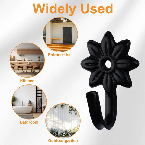 Heavy Duty Retro Flower Wall Hooks Eight Pack Slick Vintage Decorative Hardware Holds Up A Ton Absolute Game Changer For Scarves Towels Keys And Bags Badass Black Iron Wall Mount Clip shown in various settings.