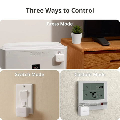 Image of Smart Button Pusher For Rocker Switches And One Way Buttons, Bluetooth Control From Your Phone, No Wiring Needed, showing three operation modes.
