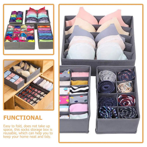 4 Piece Foldable Fabric Drawer Organizer Set For Socks And Underwear Storage Using A Nifty Layout To Keep Your Closet Clean Maximize Dresser Space While Delivering Zero Extra Stress Overall, showing organized socks and bras.