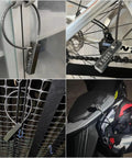 Collage of 23.6 Inch Steel Cable Lock With Protective PVC Coating securing locker, bike, gate, and helmet.