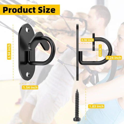 3 Piece Wall Mount Resistance Band Anchors System For Exercise Bands Secure Home Gym Hardware Heavy Duty Hooks Built Tough To Crush Your Legit Daily Upper Body And Lower Body Gains In Black product size with dimensions displayed next to workout scene.