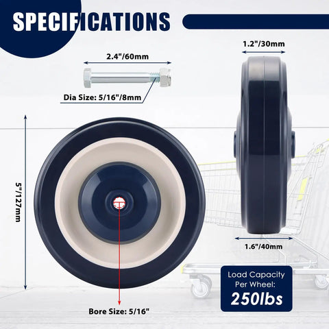 Heavy Duty 5 Inch Shopping Cart Wheels 4 Pack Blue TPU Replacement Casters showing specifications, 250 lb load capacity and 5/16 bore.