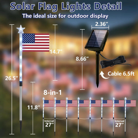 Patriotic Solar Pathway Lights Eight Pack With Red White Blue LEDs For Outdoor Waterproof Stake Yard Garden Decor Eight Modes