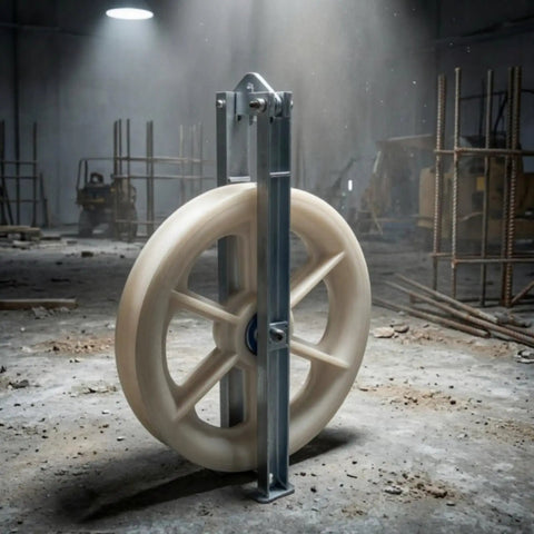 Heavy Duty Galvanized Cable Pulley Block With Rotating Hook And Quiet Nylon Sheave Built Like A Tank With Channel Steel Housing For Seamless Overhead Rigging in a construction setting.