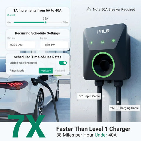 Plug And Play Level 2 Ev Charger 40 Amp Electric Vehicle Charging Station Nema 1450P Plug mounted with display and cables.