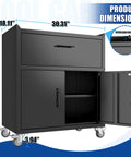 35 Inch Adjustable Tool Storage Cabinet With Silent Glide Lockable Casters And Industrial Grade Secure Latch For Zero Drama Garage Organization In Matte Black with dimensions displayed.