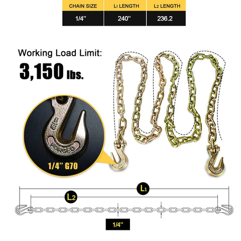 Transport Binder Chain 1/4 Inch Grade 70 Tie Down Chains With Clevis Grab Hooks 3150 Lb Working Load Limit 12,600 Lb Breaking Strength 20 Ft