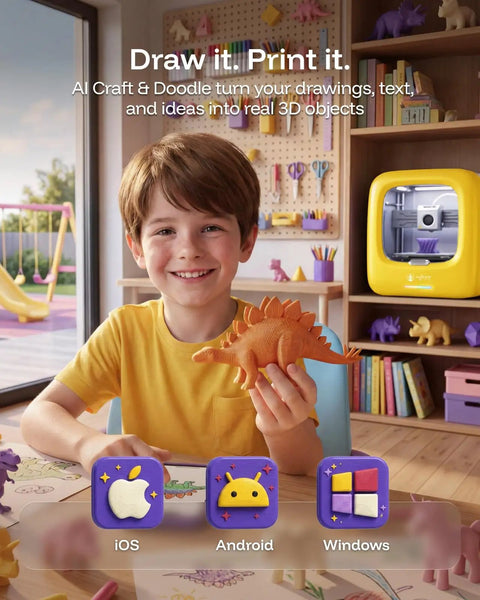 Dope AI Powered 3D Printer Designed Specifically For Kids Featuring Fully Assembled Parts Hella Safe Enclosed Operation And Rad Stem Gifts For Creative Young Inventors Building Their Dreams, boy holding a 3D printed dinosaur.