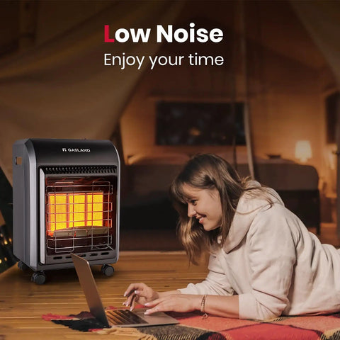 Woman sitting near Portable Propane Radiant Heater With 18000 BTU For Warmth Up To 450 Sq Ft Ultra Quiet LP Gas Heater