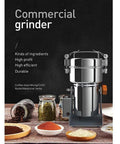 Electric Grain Grinder Mill For Corn Soybean Wheat And Spices with stainless steel build, shown with spices and cereals.
