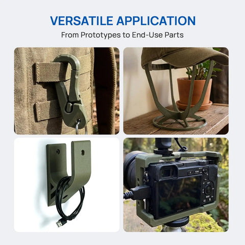 Various applications of Absolute Beast Pet G F 3D Printer Filament in ODG Olive Green for outdoor prototypes and parts.