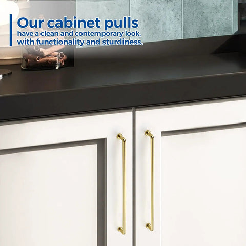 Top Notch Polished Brass Cabinet Pulls Rock Solid Drawer Handles By 12 Inch Center To Center Spacing Knockout Appearance For Contemporary Kitchen Renovation And Bath Upgrade 5 Pack on white cabinets.