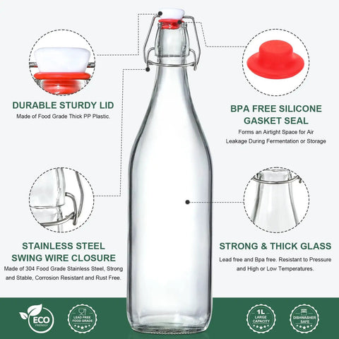 Eight Pack Of 33 Oz Swing Top Glass Bottles With Secure Caps And Lead Free Design Top For Brewing Kombucha And Syrups Includes Funnels Pourers Spare Rings And Waterproof Stickers So You Can Store Your Batch Straight Up No Drama And Keep Your Space. Clear bottle with sturdy lid and stainless steel closure details.